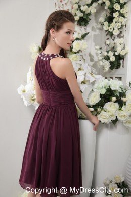 Chiffon Beaded Scoop Neck Ruching Dark Purple Cocktail Reception Dresses