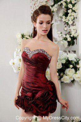 Flowers sheathy Mini-length Burgundy Cocktail Dress with Jeweled Neckline