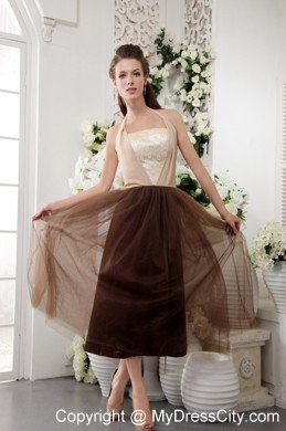 Empire Halter Tea-length Brown Tulle Semi-formal Cocktail Dress