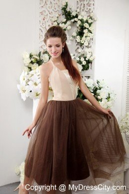 Empire Halter Tea-length Brown Tulle Semi-formal Cocktail Dress