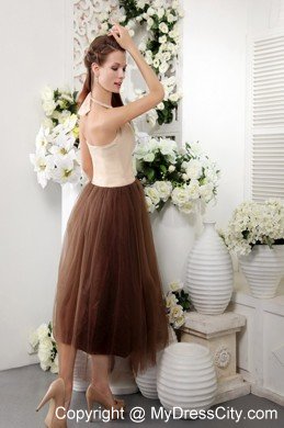 Empire Halter Tea-length Brown Tulle Semi-formal Cocktail Dress