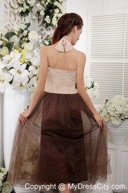 Empire Halter Tea-length Brown Tulle Semi-formal Cocktail Dress