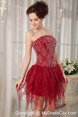 Beaded Organza Ruffles Mini-length Wine Red Cocktail Party Dresses