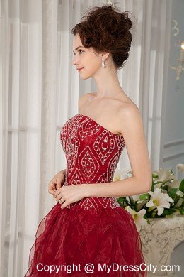 Beaded Organza Ruffles Mini-length Wine Red Cocktail Party Dresses