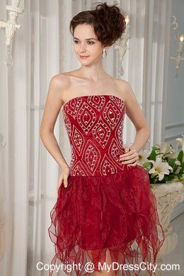 Beaded Organza Ruffles Mini-length Wine Red Cocktail Party Dresses