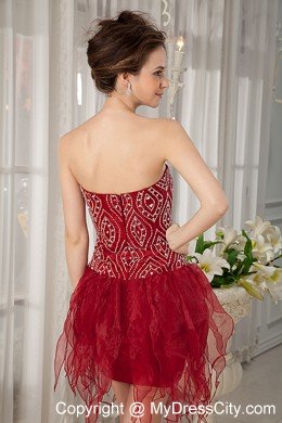 Beaded Organza Ruffles Mini-length Wine Red Cocktail Party Dresses