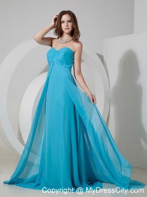 Aqua Blue Ruched Chiffon Brush Train Dama Dress for Quinceaneras