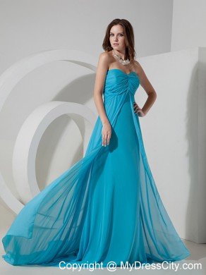 Aqua Blue Ruched Chiffon Brush Train Dama Dress for Quinceaneras