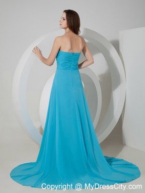 Aqua Blue Ruched Chiffon Brush Train Dama Dress for Quinceaneras