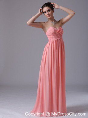 Sweetheart Ruched Brush Train Empire Watermelon Quince Dama Dresses