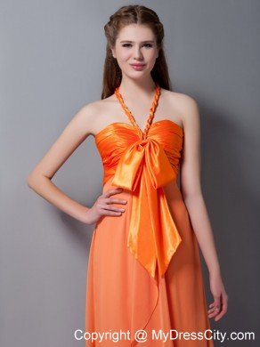 Empire Halter Ruched Orange Dama Quinceanera Dresses with Bowknot