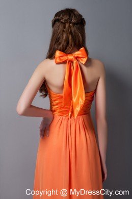 Empire Halter Ruched Orange Dama Quinceanera Dresses with Bowknot