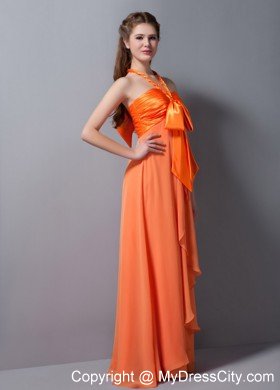 Empire Halter Ruched Orange Dama Quinceanera Dresses with Bowknot