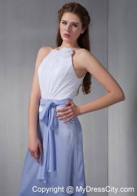 Ruched Chiffon Sash White and Lilac Damas Dresses with Cool Neckline