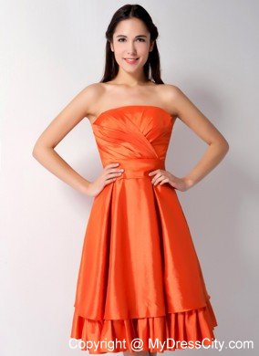 Knee-length Ruched Bowknot Back Orange Red Quince Dama Dresses