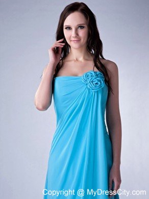 Blue Flowers Strapless Chiffon Plus Size Prom Dresses for Dama