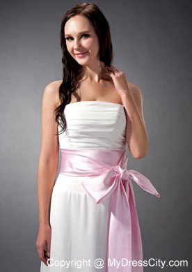 Empire White Strapless Bridesmaid Dama Dresses with Pink Sash