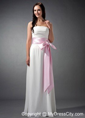 Empire White Strapless Bridesmaid Dama Dresses with Pink Sash