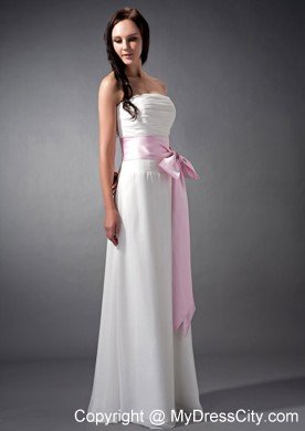 Empire White Strapless Bridesmaid Dama Dresses with Pink Sash