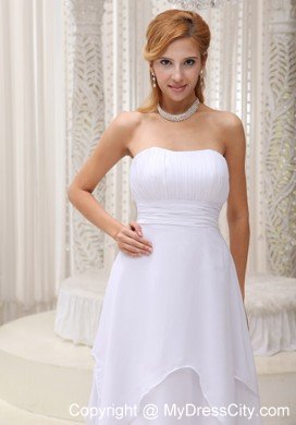 Simple Ruched White Chiffon Wedding Dress Tea-length Zipper-back