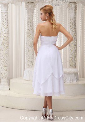 Simple Ruched White Chiffon Wedding Dress Tea-length Zipper-back