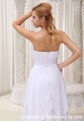 Simple Ruched White Chiffon Wedding Dress Tea-length Zipper-back