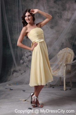 Light Yellow Chiffon Ruched Tea-length Dama Dress with Bowknot Sash