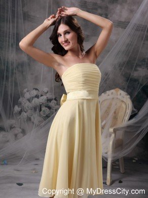 Light Yellow Chiffon Ruched Tea-length Dama Dress with Bowknot Sash