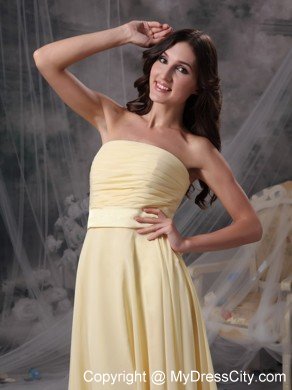 Light Yellow Chiffon Ruched Tea-length Dama Dress with Bowknot Sash