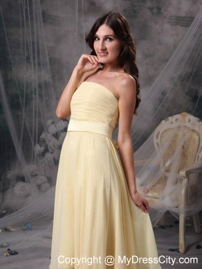 Light Yellow Chiffon Ruched Tea-length Dama Dress with Bowknot Sash