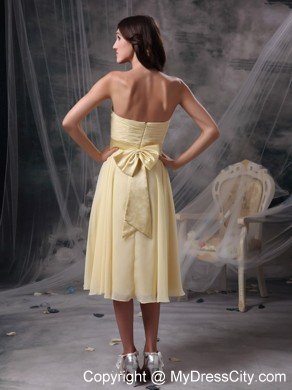 Light Yellow Chiffon Ruched Tea-length Dama Dress with Bowknot Sash