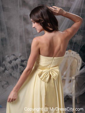 Light Yellow Chiffon Ruched Tea-length Dama Dress with Bowknot Sash