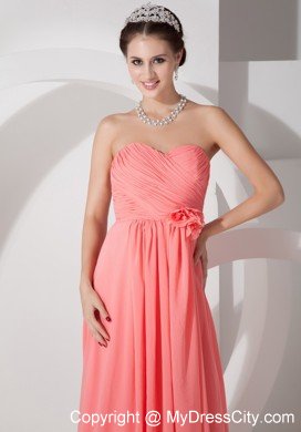 Chiffon Ruched Flowers Brush Train Watermelon Prom Dresses for Dama