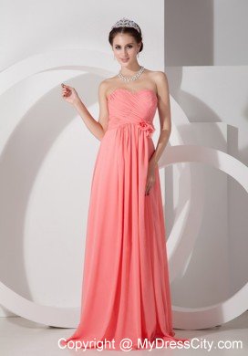 Chiffon Ruched Flowers Brush Train Watermelon Prom Dresses for Dama