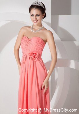 Chiffon Ruched Flowers Brush Train Watermelon Prom Dresses for Dama