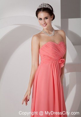 Chiffon Ruched Flowers Brush Train Watermelon Prom Dresses for Dama