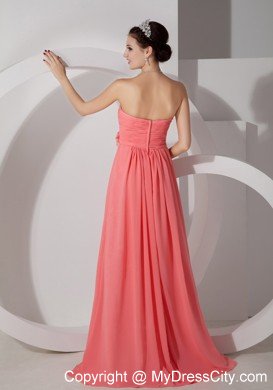 Chiffon Ruched Flowers Brush Train Watermelon Prom Dresses for Dama