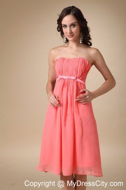 Knee-length Empire Chiffon Ruched Watermelon Quince Dama Dresses