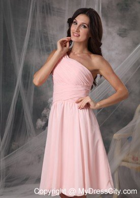 Blush Pink One Shoulder Ruching Chiffon Bridesmaid Dama Dresses