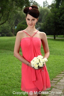 Straps V-neck Mini-length Coral Red Chiffon Cocktail Dresses for Dama