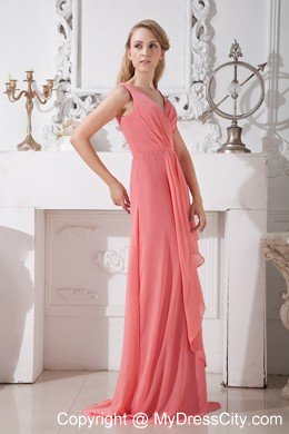 Watermelon Empire V-neck Brush Train Chiffon Ruched Dama dress