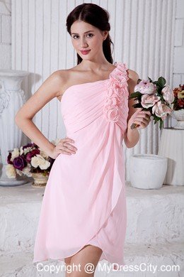 Flowers One Shoulder Pink Dama Dress with Front Short Back Long