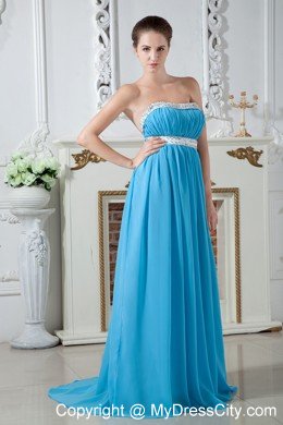 Plus Size Empire Brush Train Aqua Blue Dama Dresses with Jeweled Neckline