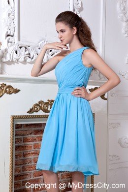 Simple Ruched One Shoulder Aqua Blue Bridesmaid Dama Dresses