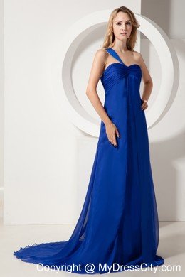 Ruched One Shoulder Brush Train Royal Blue Formal Dresses for Dama