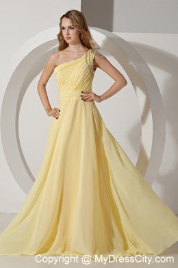 Beaded One Shoulder Empire Light Yellow Dama Dresses with Side Zipper