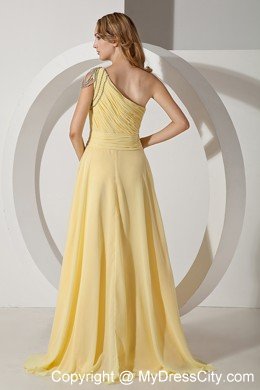 Beaded One Shoulder Empire Light Yellow Dama Dresses with Side Zipper