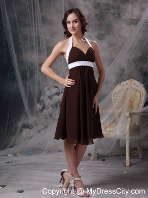 White Hem Halter Backless Chiffon Tea-length Prom Dresses for Dama