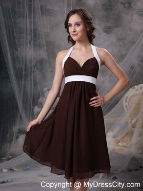 White Hem Halter Backless Chiffon Tea-length Prom Dresses for Dama