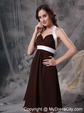 White Hem Halter Backless Chiffon Tea-length Prom Dresses for Dama